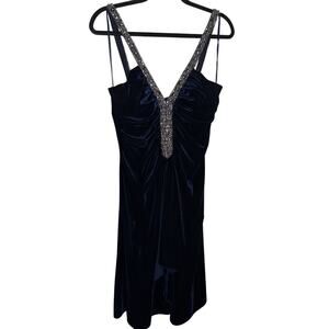 JS Boutique ~ Blue Velvet Ruched Beaded A-Line Shift Party Dress size 12